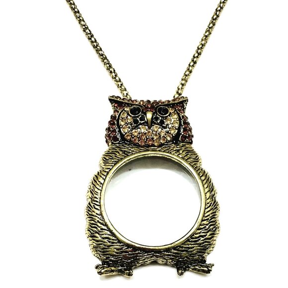 IRIS APFEL SYLE OWL PENDANT W/MAGNIFYING GLASS CENTER GOLD TONE CHAIN NE… - Picture 2 of 6
